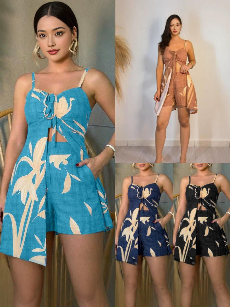 🔥Women's Floral Tie-Front Cami & Pocket Shorts 2-Piece Summer Outfit