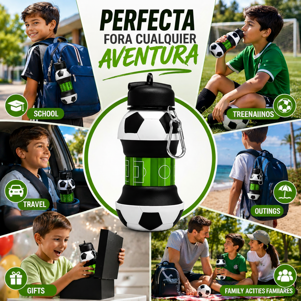 ✨Football Water Bottle 2-in-1 Foldable – Soccer Ball Design for Kids