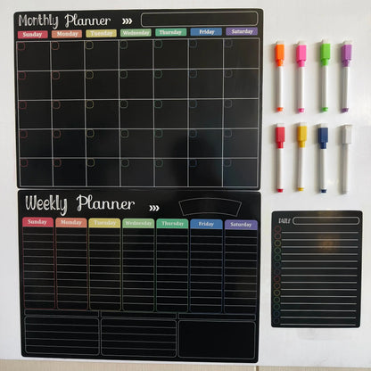 ✨Black Dry Erase Boards Set - 3 Magnetic Boards for Refrigerator, Monthly, Weekly Organizer & Daily Notepad 🧲