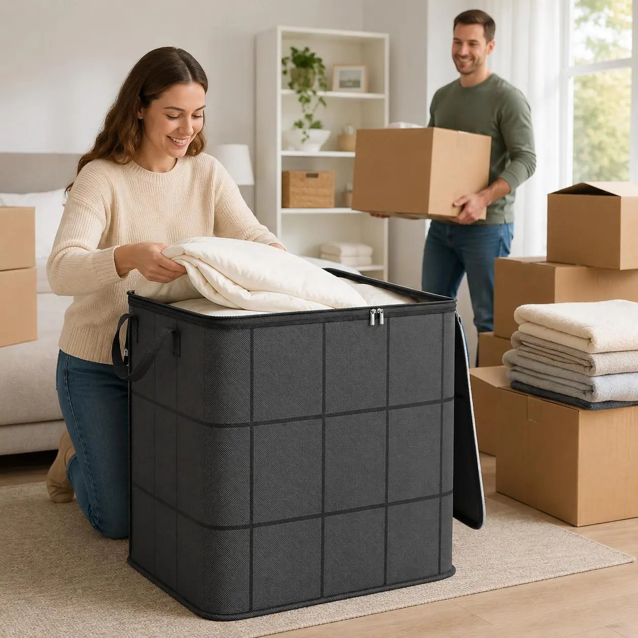 🔥Spacious Zippered Storage Bin📦 – Large Capacity Bag for Quilts, Blankets & Sweaters, Perfect for Moving Day & Closet Organization