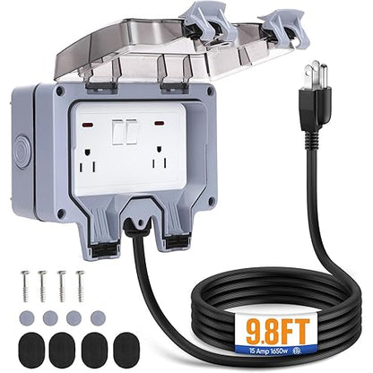 🔥Waterproof Outdoor Power Box with 9.8Ft Extension Cord, Switches & LED Indicator Electrical Outlets Extender