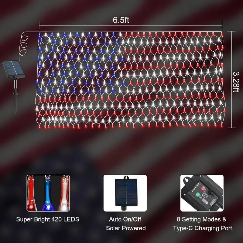 ✨Solar American Flag Lights Outdoor American Flag Net Lights 6.5ft x 3.28ft