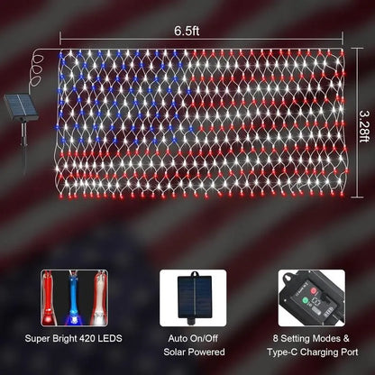 ✨Solar American Flag Lights Outdoor American Flag Net Lights 6.5ft x 3.28ft