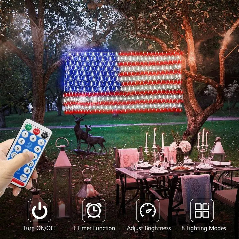 ✨Solar American Flag Lights Outdoor American Flag Net Lights 6.5ft x 3.28ft