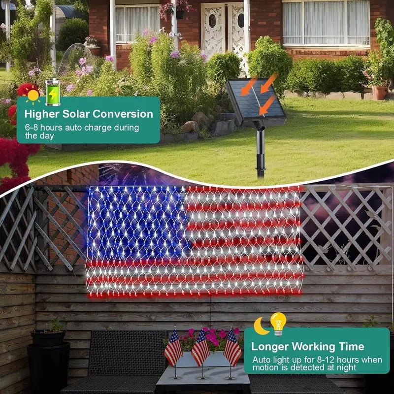✨Solar American Flag Lights Outdoor American Flag Net Lights 6.5ft x 3.28ft