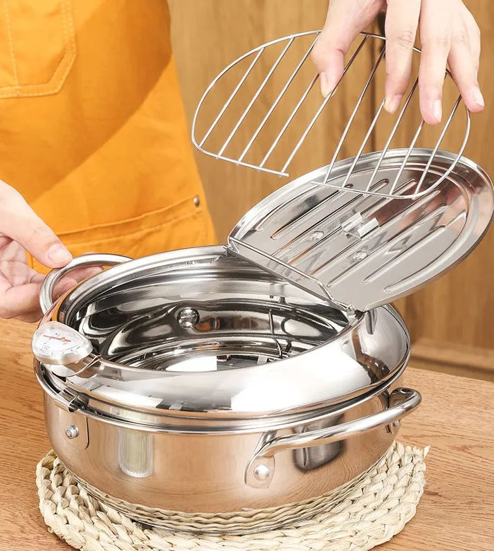 ✨Stainless Steel Frying Pot with Thermometer and Oil Drip Drainer Rack🎉