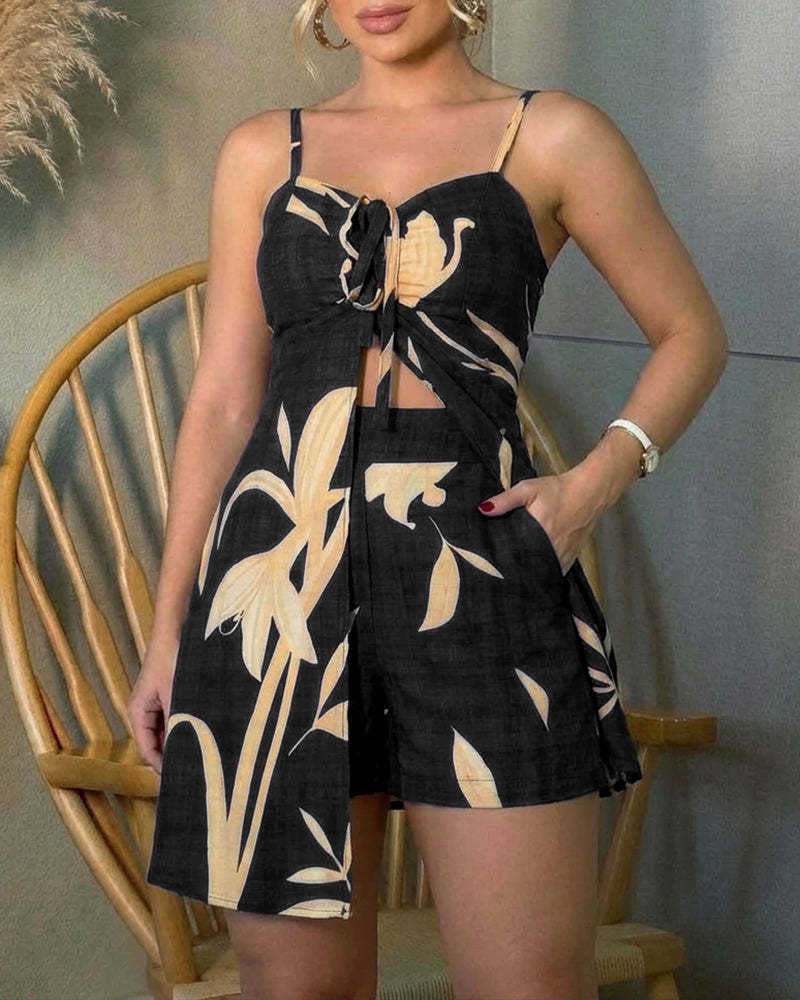 🔥Women's Floral Tie-Front Cami & Pocket Shorts 2-Piece Summer Outfit