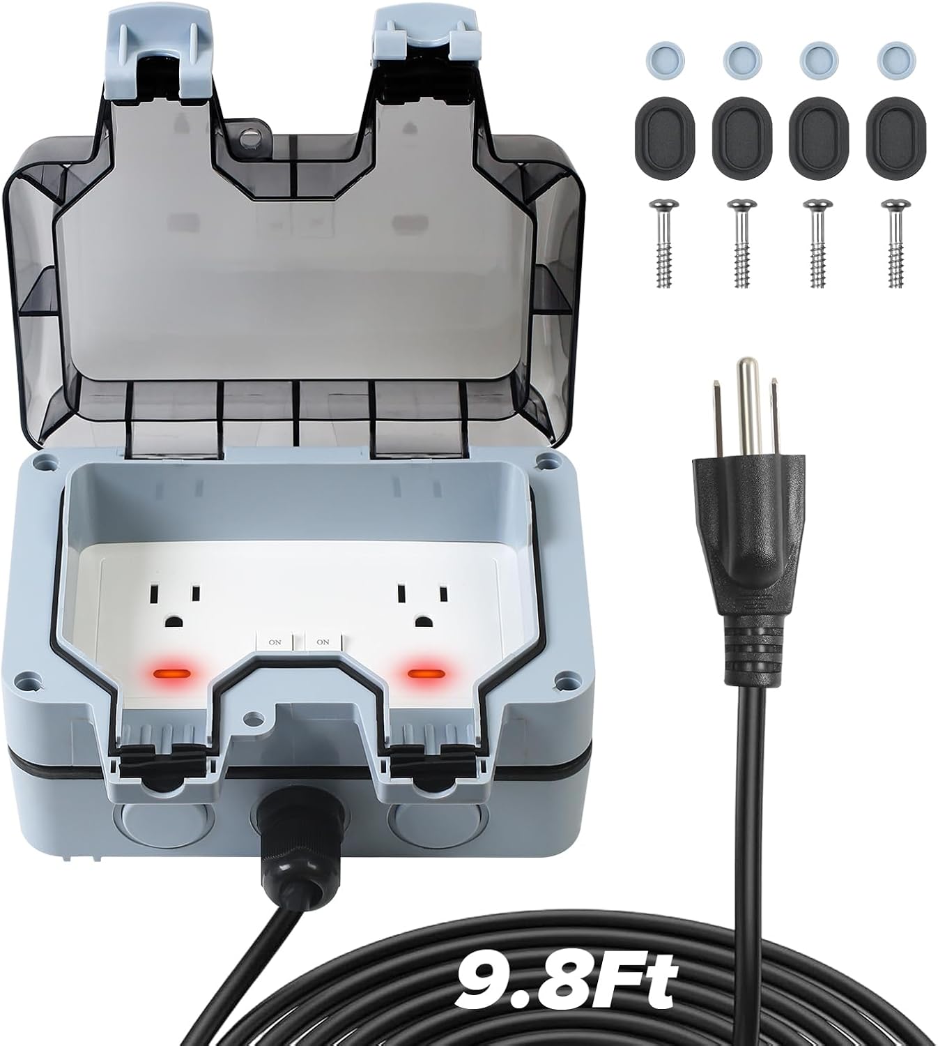 🔥Waterproof Outdoor Power Box with 9.8Ft Extension Cord, Switches & LED Indicator Electrical Outlets Extender