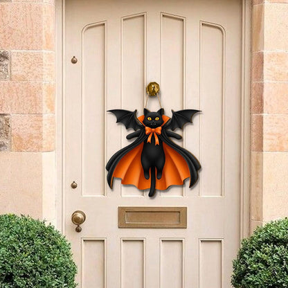 🎖️Halloween Black Cat Vampire Bat Wooden Sign, Gothic Wall Decor