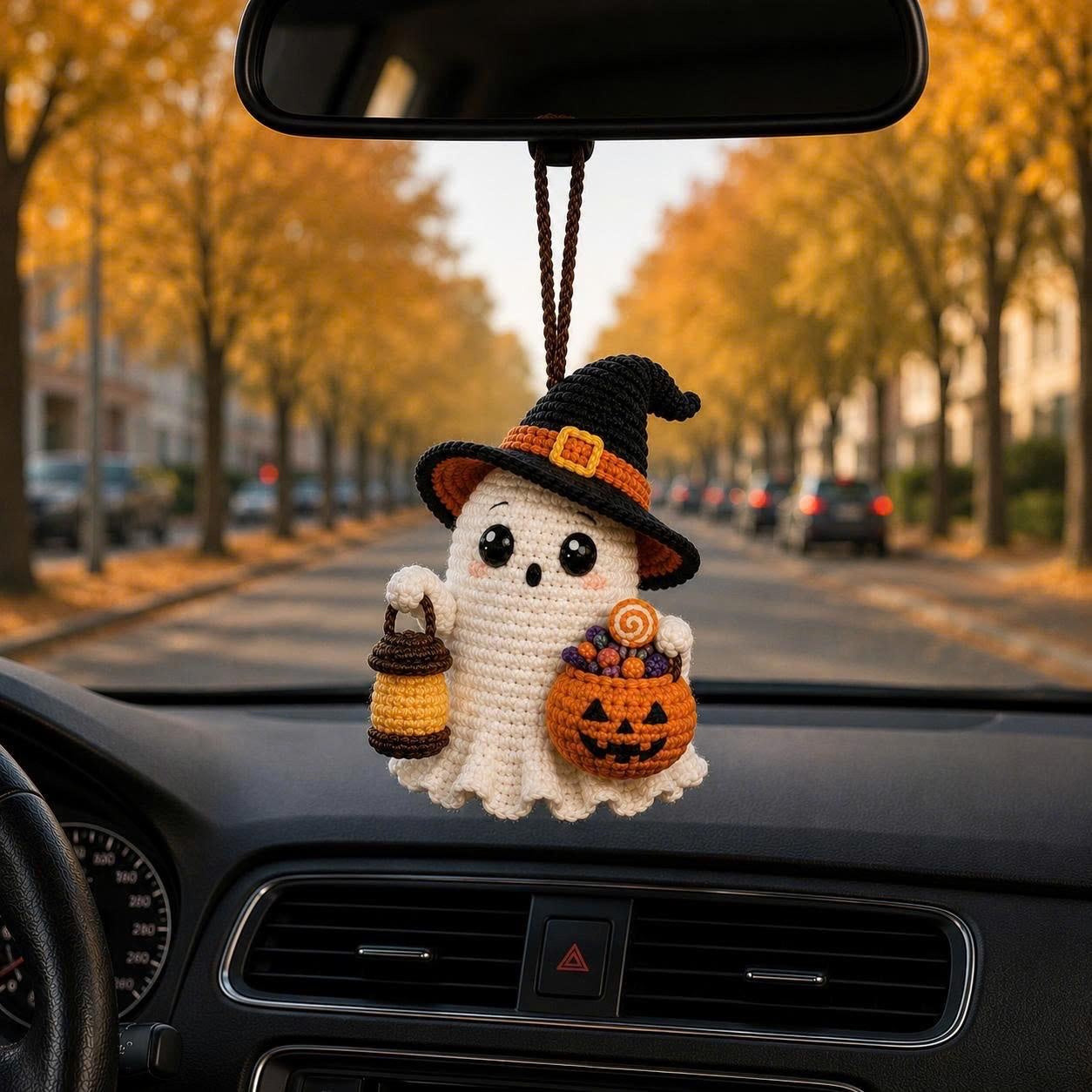 🎖️Halloween 2026 Crochet Ghost Car Charm, Handmade Mirror Accessory