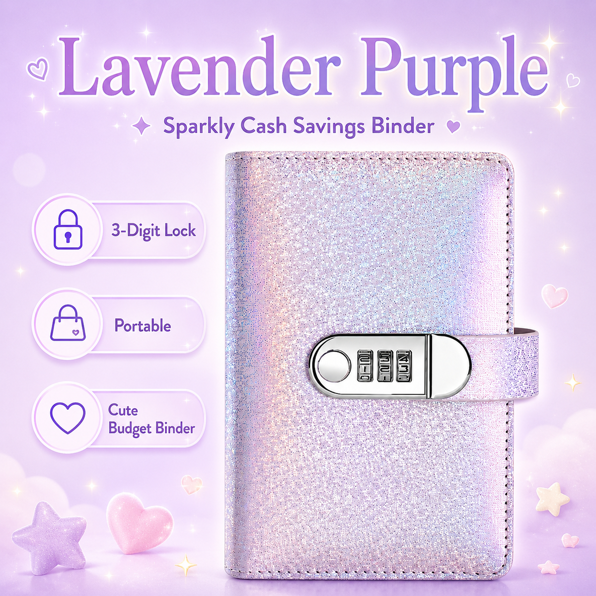 🔥Glliter Cash Savings Binder with 3-Digit Combination Lock – 100-Page Cash Stuffing Budget Organizer for Savings Challenges, Money Goals & Gifts 💖
