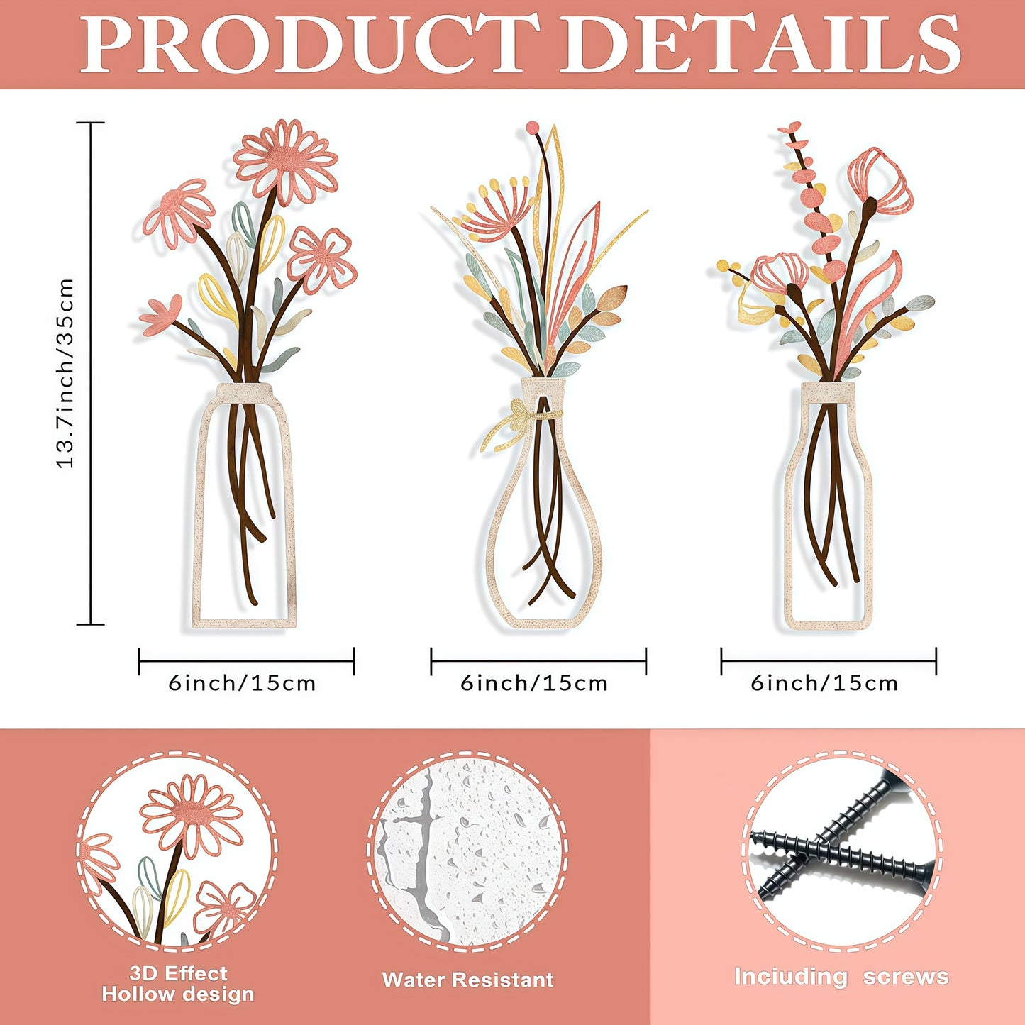 🎖️3 Pieces Metal Flowers Wall Arts - Rustic Farmhouse Style Décor Metal Wall Art