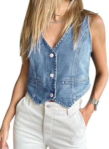 🎖️Fashion Women's Stretchy Denim Slim Fit Vest V-Neck Sleeveless