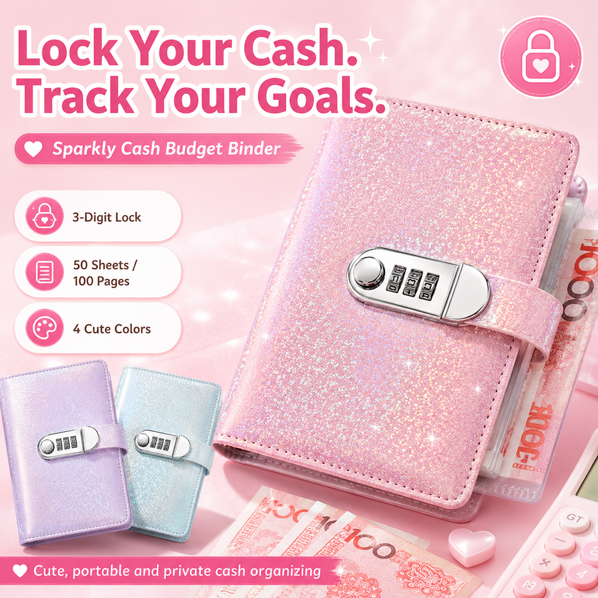 🔥Glliter Cash Savings Binder with 3-Digit Combination Lock – 100-Page Cash Stuffing Budget Organizer for Savings Challenges, Money Goals & Gifts 💖