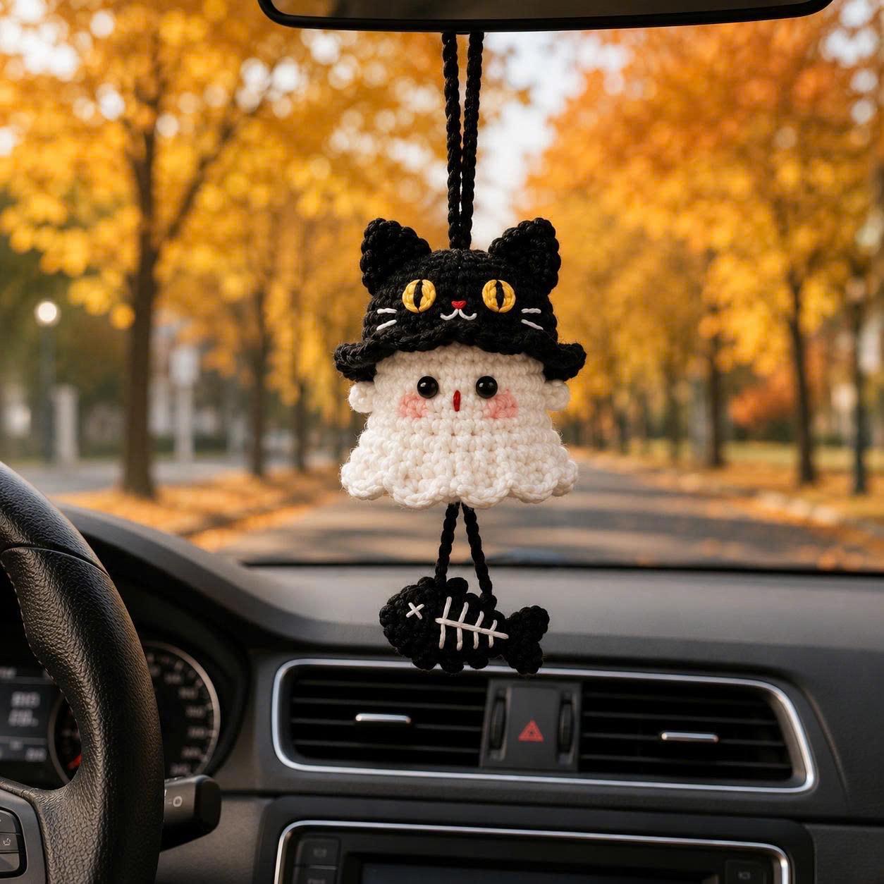 🎖️Halloween 2026 Crochet Ghost Car Charm, Handmade Mirror Accessory