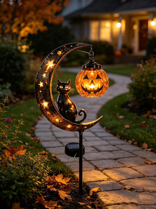 🎖️Solar Halloween Black Cat & Pumpkin Moon Garden Stake Light