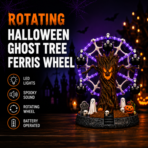 🔥Lighted Halloween Ferris Wheel Resin Decoration with Haunted Tree and Ghosts 👻