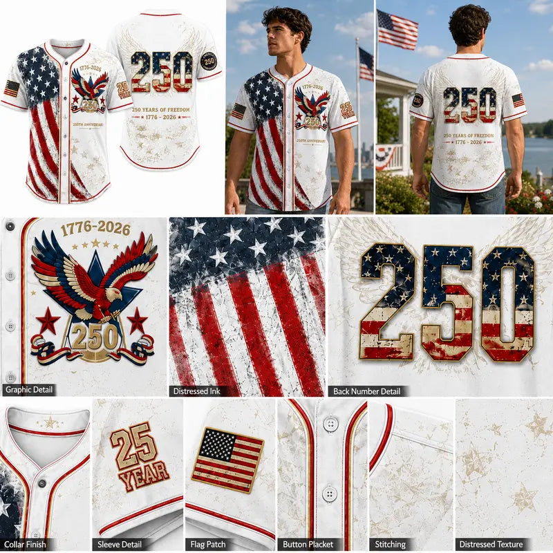 ✨USA 250th Anniversary Baseball Jersey Patriotic American Flag Eagle Button Down Shirt