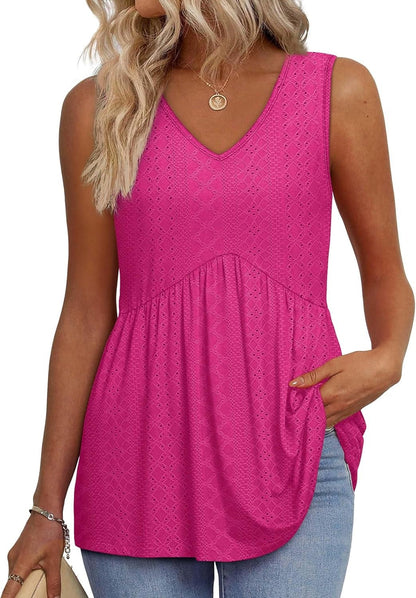 🔥Limited time sale🔥Women's Print Flowy Sleeveless V Neck Peplum Tank Tops