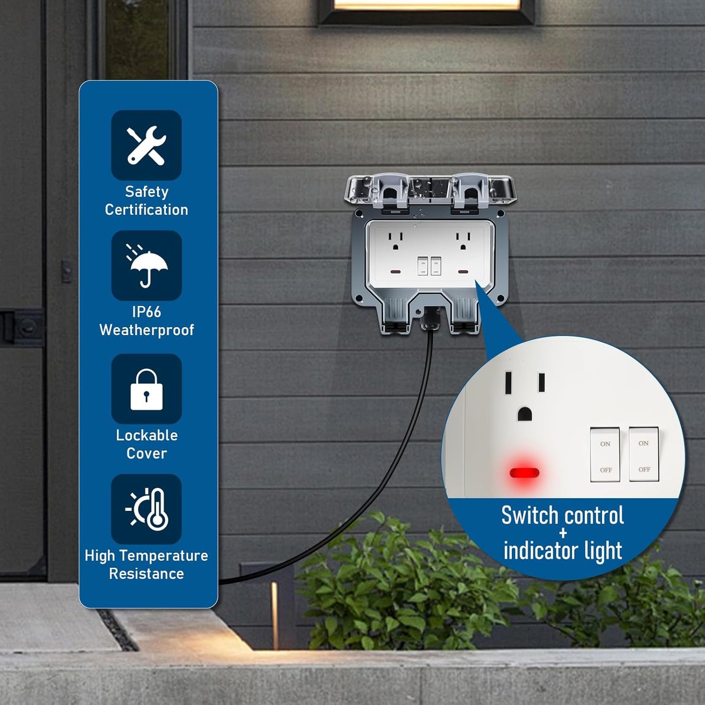 🔥Waterproof Outdoor Power Box with 9.8Ft Extension Cord, Switches & LED Indicator Electrical Outlets Extender