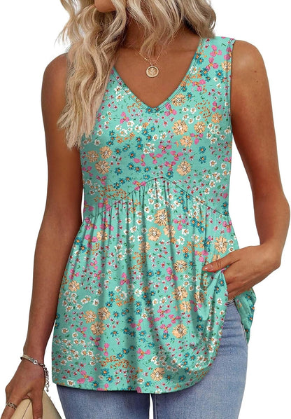 🔥Limited time sale🔥Women's Print Flowy Sleeveless V Neck Peplum Tank Tops