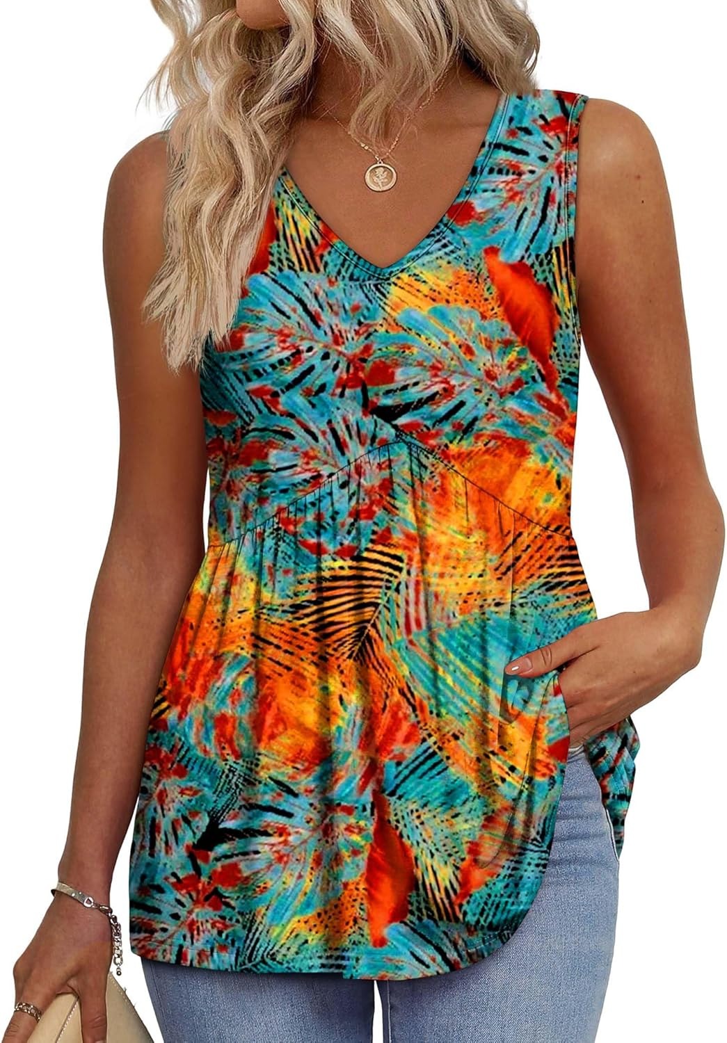 🔥Limited time sale🔥Women's Print Flowy Sleeveless V Neck Peplum Tank Tops