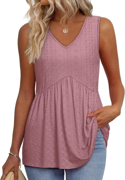 🔥Limited time sale🔥Women's Print Flowy Sleeveless V Neck Peplum Tank Tops
