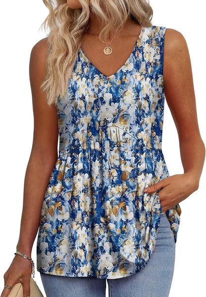 🔥Limited time sale🔥Women's Print Flowy Sleeveless V Neck Peplum Tank Tops