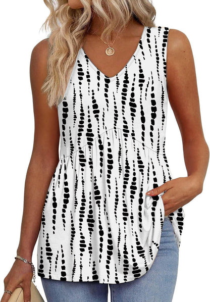 🔥Limited time sale🔥Women's Print Flowy Sleeveless V Neck Peplum Tank Tops