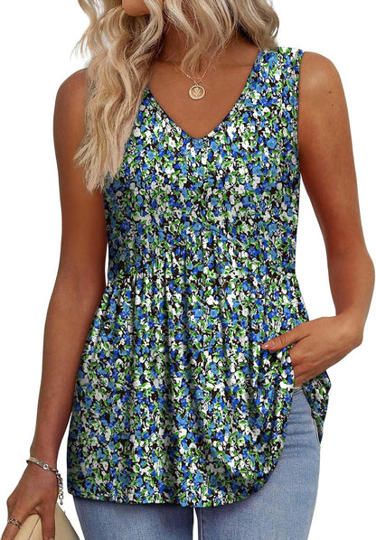 🔥Limited time sale🔥Women's Print Flowy Sleeveless V Neck Peplum Tank Tops