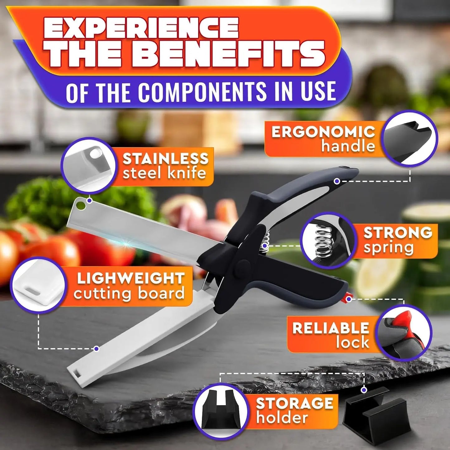 🔥2 in 1 Kitchen Scissors for Food – Stainless Steel Blade & Plastic Cutting Board Scissors
