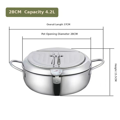 🔥304 Stainless Steel Frying Pot with Thermometer and Oil Drip Drainer Rack