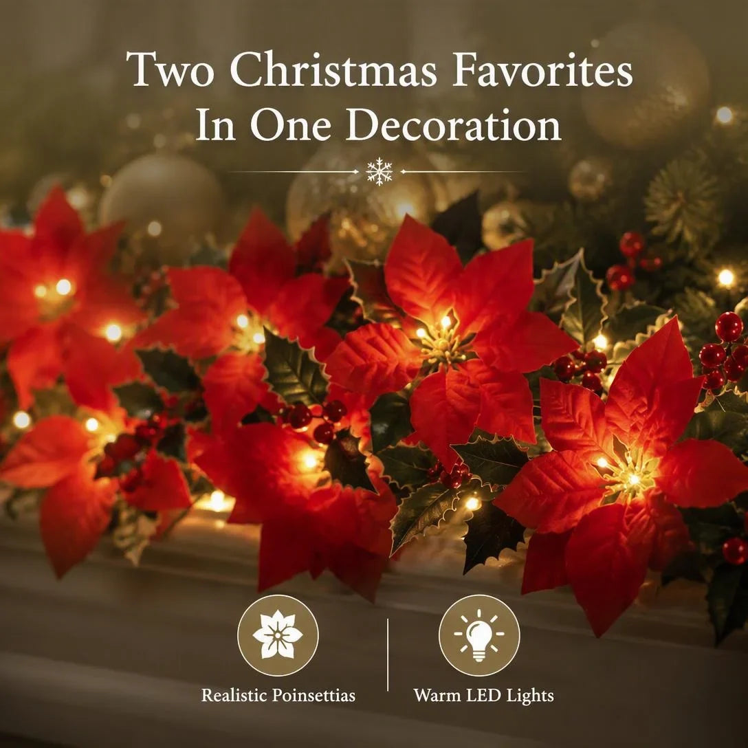 🎁LED Poinsettia Christmas Garland Lights for Holiday Decor