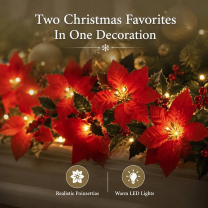 🎁LED Poinsettia Christmas Garland Lights for Holiday Decor