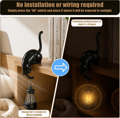 🎖️Cat with Lantern Shelf Decor, Cat Figurine with LED Bookshelf Decor Cat