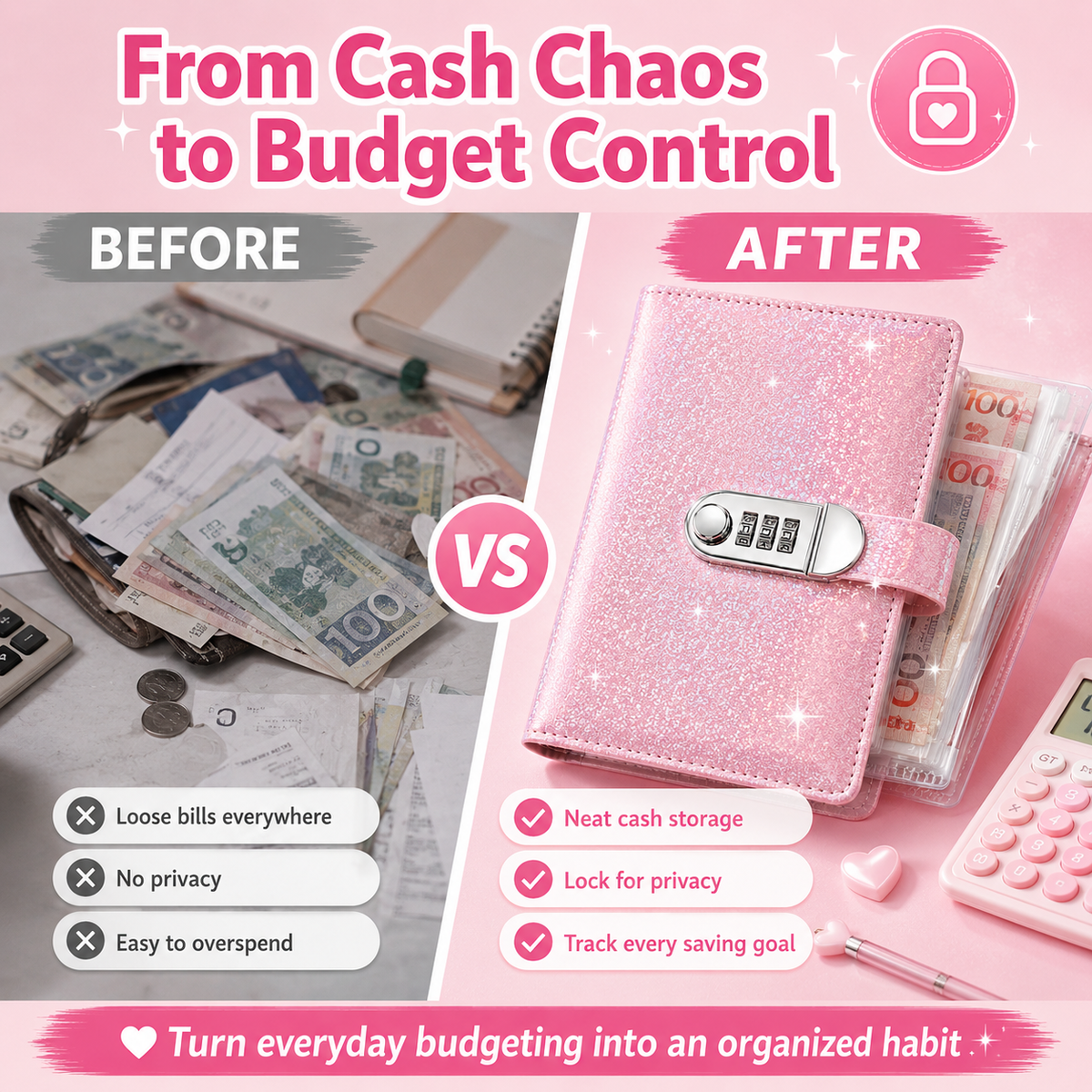 🔥Glliter Cash Savings Binder with 3-Digit Combination Lock – 100-Page Cash Stuffing Budget Organizer for Savings Challenges, Money Goals & Gifts 💖