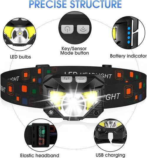 🎖️Headlamp Flashlight, Lumen Ultra-Light Bright LED Rechargeable Headlight with White Red Light