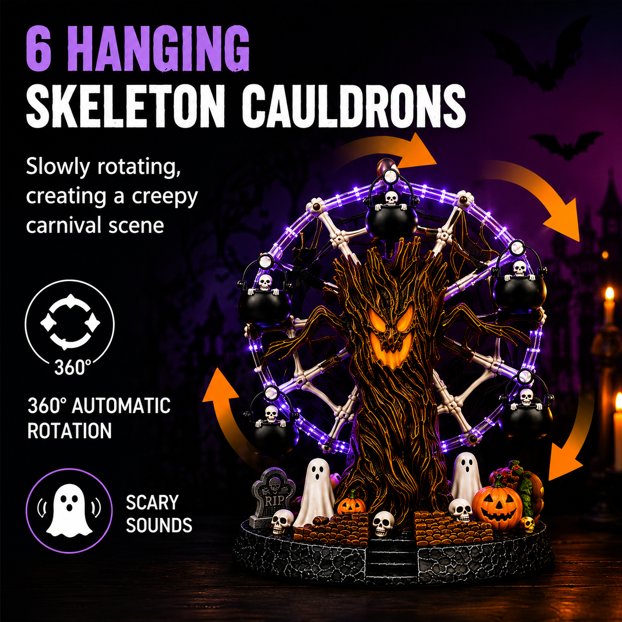 🔥Lighted Halloween Ferris Wheel Resin Decoration with Haunted Tree and Ghosts 👻