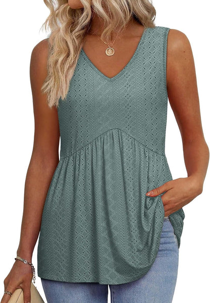 🔥Limited time sale🔥Women's Print Flowy Sleeveless V Neck Peplum Tank Tops