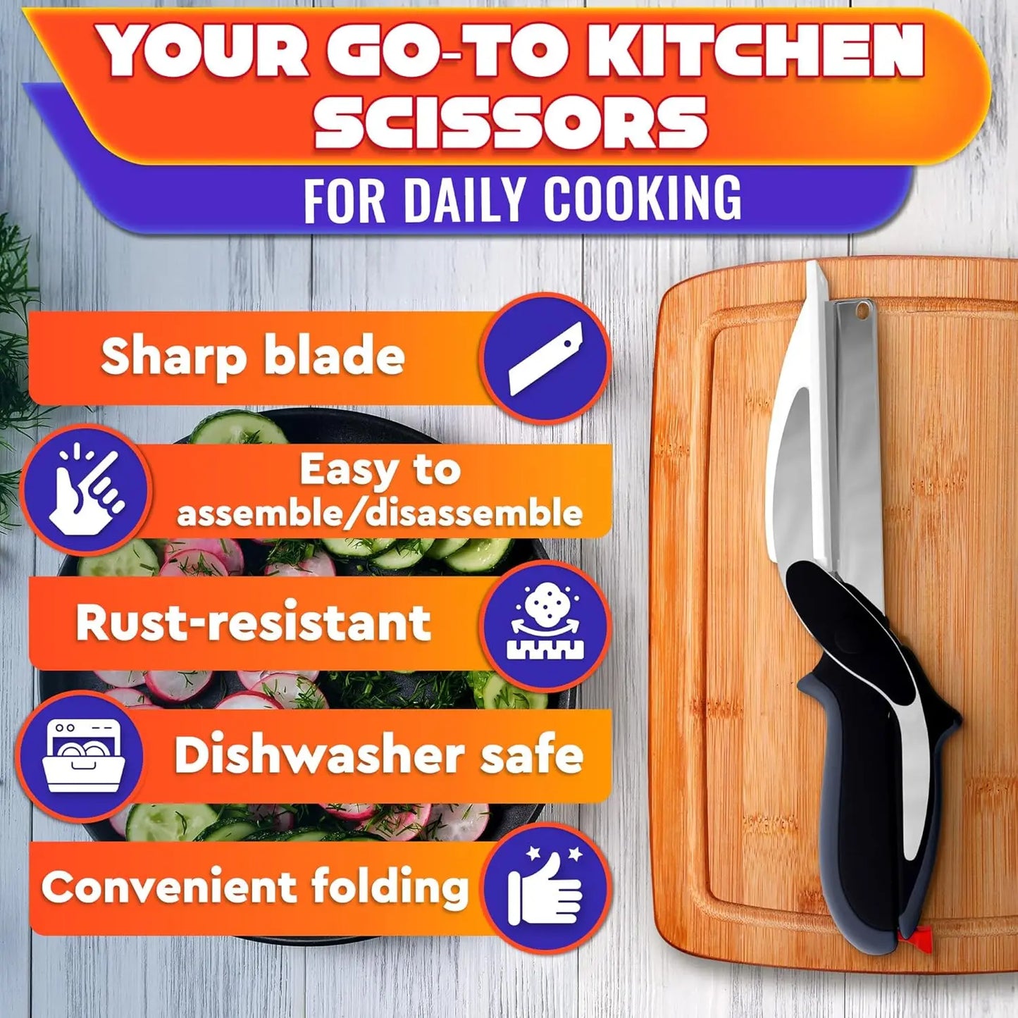 🔥2 in 1 Kitchen Scissors for Food – Stainless Steel Blade & Plastic Cutting Board Scissors