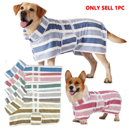 ✨75K+ SOLD!🐶Quick-Dry Dog Bathrobe, Absorbent Striped Pet Towel Coat with Adjustable Belly Band, Washable Pet Bathrobe
