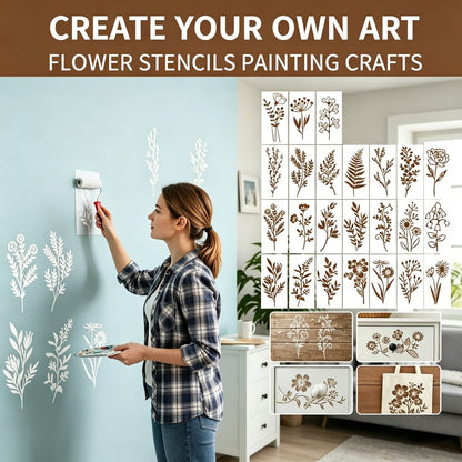 🔥24 PCS - Flower Stencils Painting Crafts Templates for Painting on Wood, Wall, Furniture