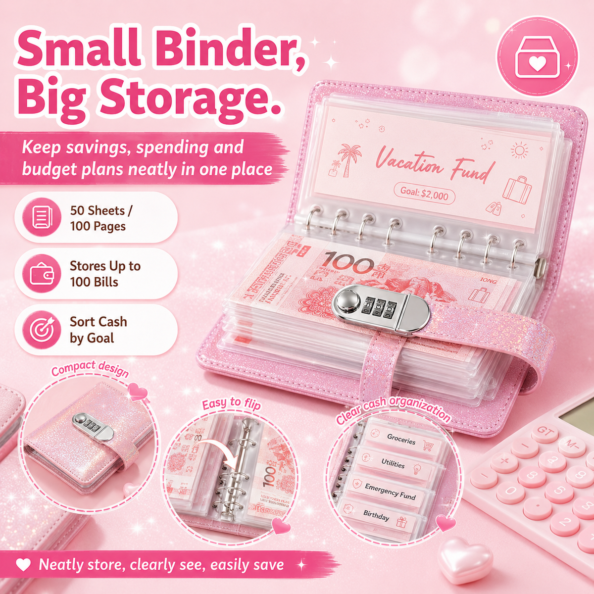 🔥Glliter Cash Savings Binder with 3-Digit Combination Lock – 100-Page Cash Stuffing Budget Organizer for Savings Challenges, Money Goals & Gifts 💖