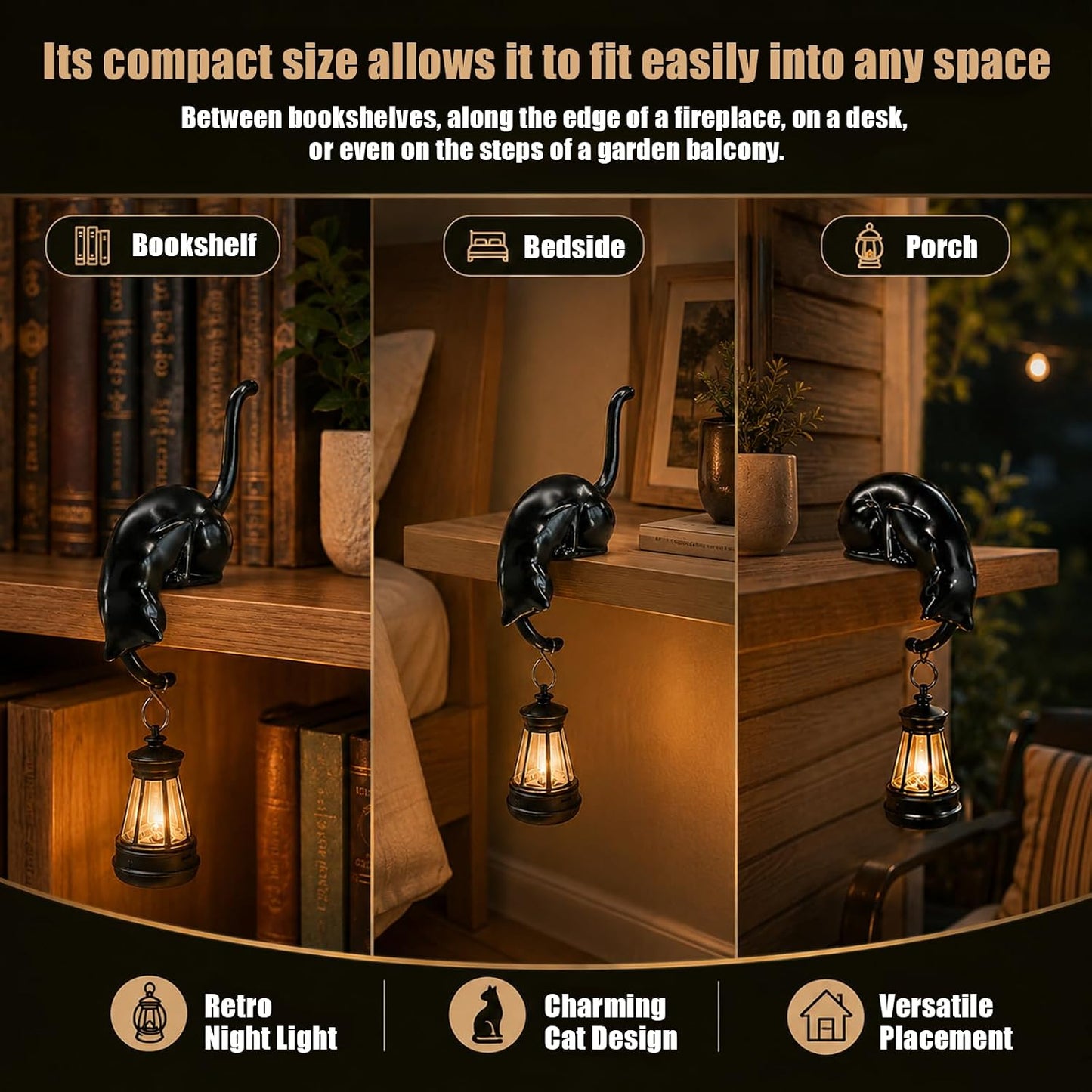 🎖️Cat with Lantern Shelf Decor, Cat Figurine with LED Bookshelf Decor Cat