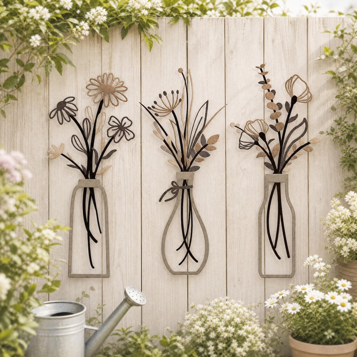 🎖️3 Pieces Metal Flowers Wall Arts - Rustic Farmhouse Style Décor Metal Wall Art