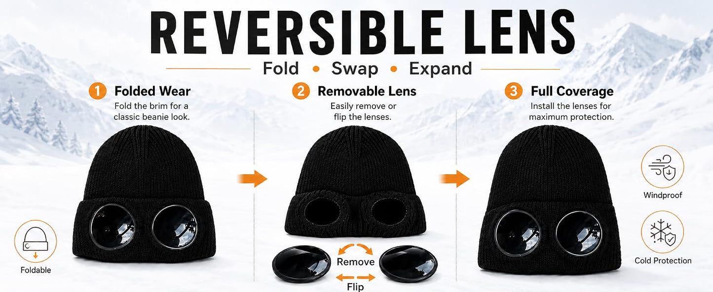 🎖️MansWill Winter Beanie Hat with Removable Goggles for Men & Women