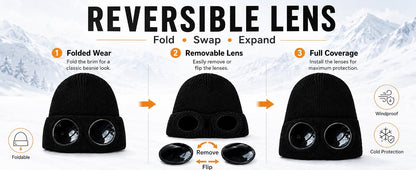 🎖️MansWill Winter Beanie Hat with Removable Goggles for Men & Women