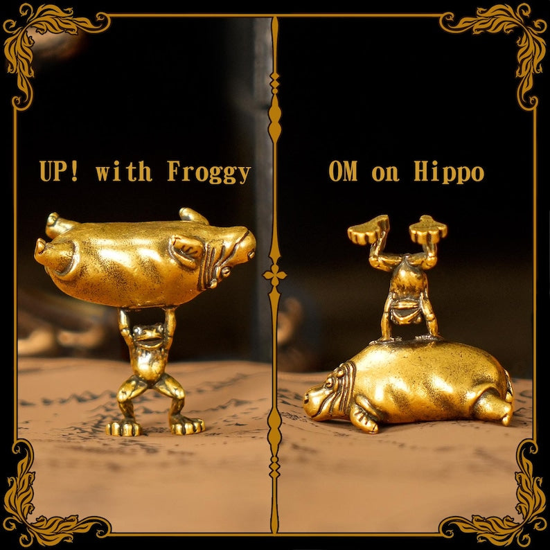🎖️Reversible Frog & Hippo Sculpture – Solid Brass Whimsical Desk Art