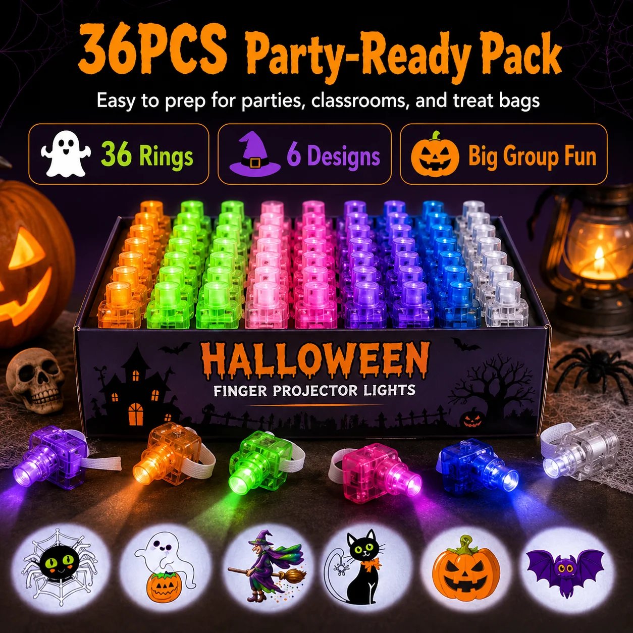 🔥👻  Halloween Finger Projector Rings – LED Party Favors for Kids