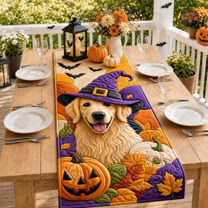 🎖️Halloween Quilted Table Runner, Fall Table Runner, Pumpkin Cat Ghost Bat Table Decor